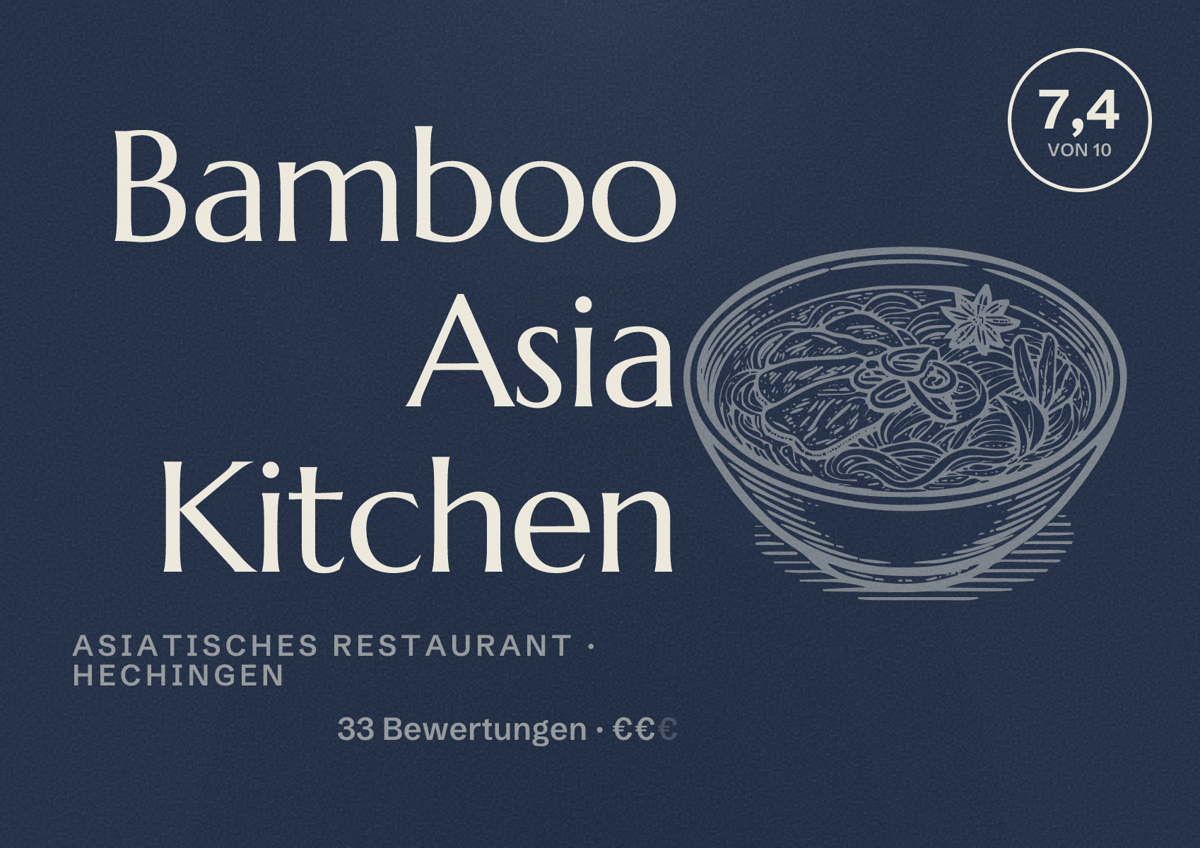 Illustriertes Poster von Bamboo Asia Kitchen, Asiatisches Restaurant in Hechingen: Bewertung 7,4 von 10 aus 33 Bewertungen, Preisniveau €€