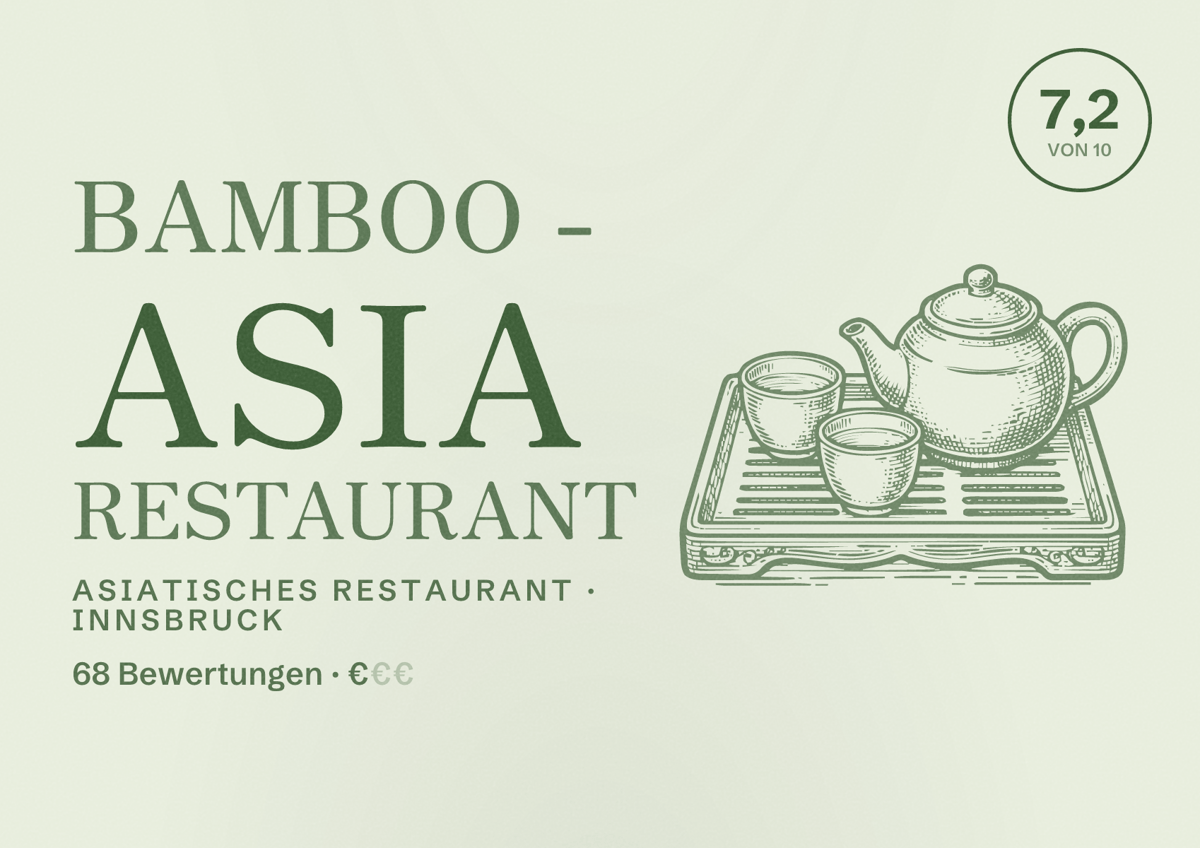 Illustriertes Poster von Bamboo - Asia Restaurant, Asiatisches Restaurant in Innsbruck: Bewertung 7,2 von 10 aus 68 Bewertungen, Preisniveau €