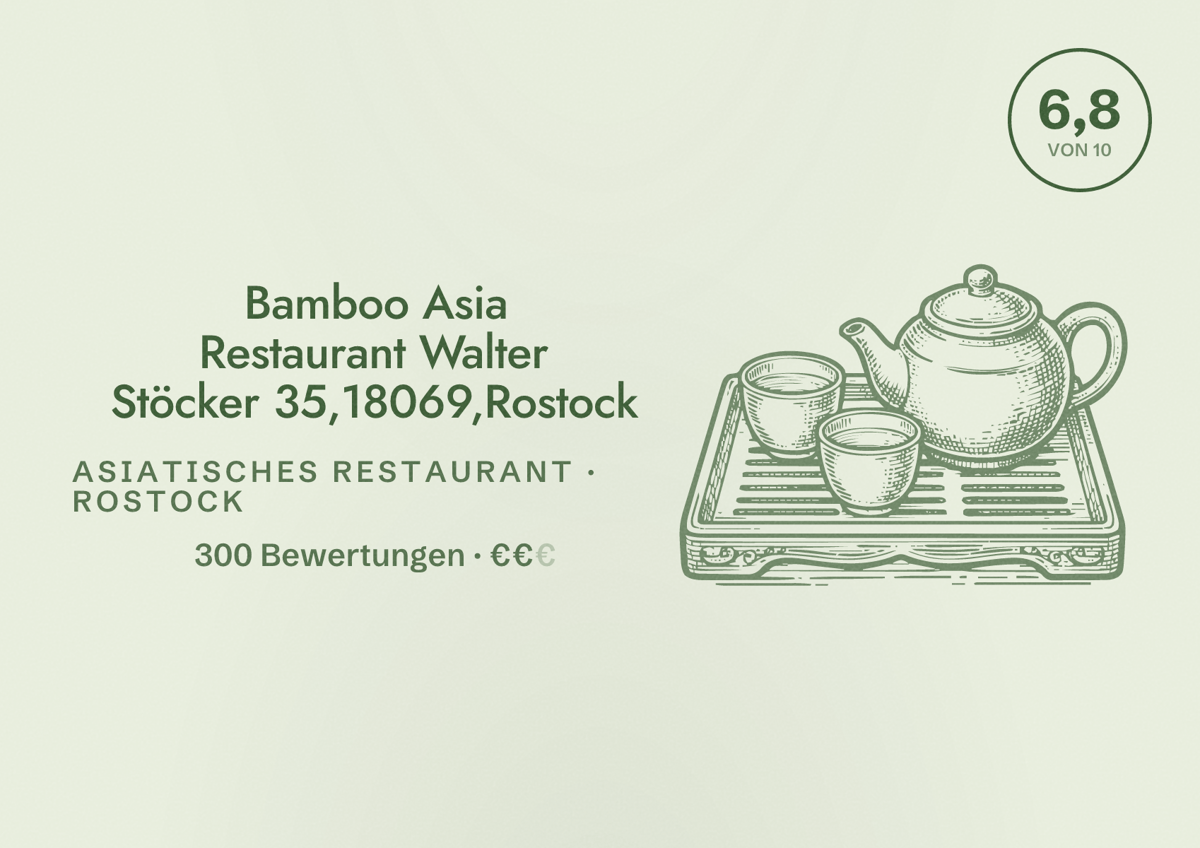 Illustriertes Poster von Bamboo Asia Restaurant Walter Stöcker 35,18069,Rostock, Asiatisches Restaurant in Rostock: Bewertung 6,8 von 10 aus 300 Bewertungen, Preisniveau €€