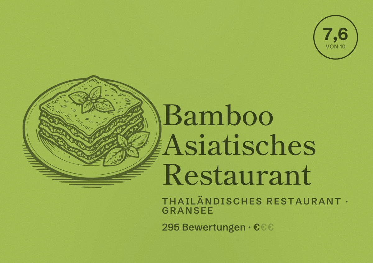 Illustriertes Poster von Bamboo Asiatisches Restaurant, Thailändisches Restaurant in Gransee: Bewertung 7,6 von 10 aus 295 Bewertungen, Preisniveau €