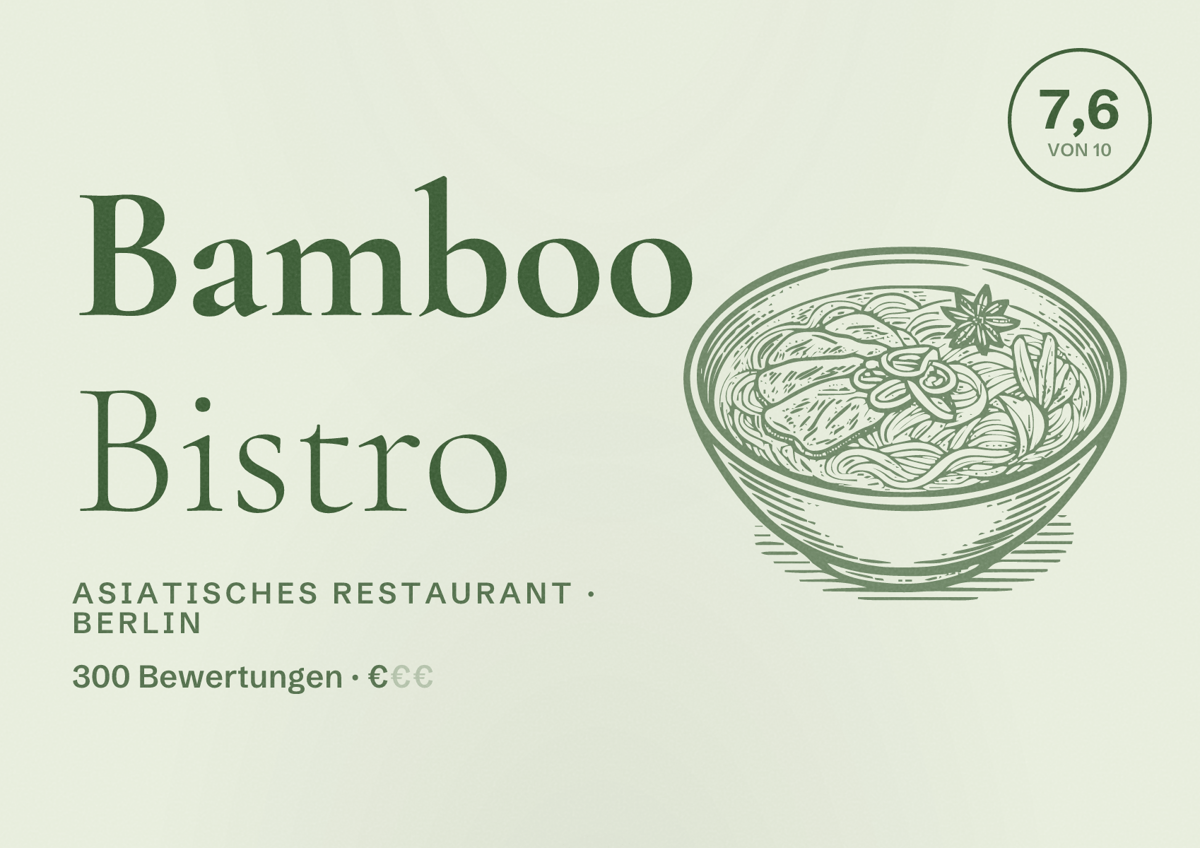 Illustriertes Poster von Bamboo Bistro, Asiatisches Restaurant in Berlin: Bewertung 7,6 von 10 aus 300 Bewertungen, Preisniveau €