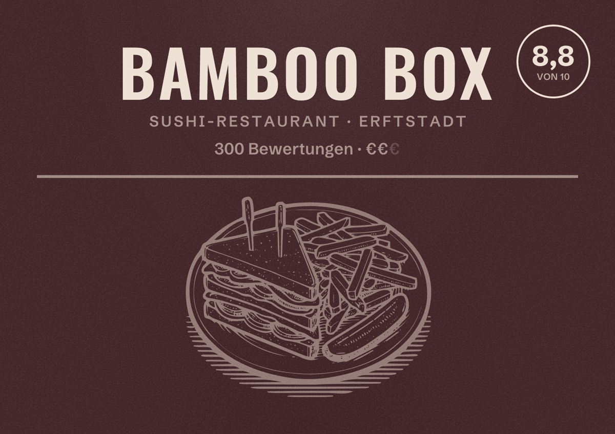 Illustriertes Poster von Bamboo Box, Sushi-Restaurant in Erftstadt: Bewertung 8,8 von 10 aus 300 Bewertungen, Preisniveau €€