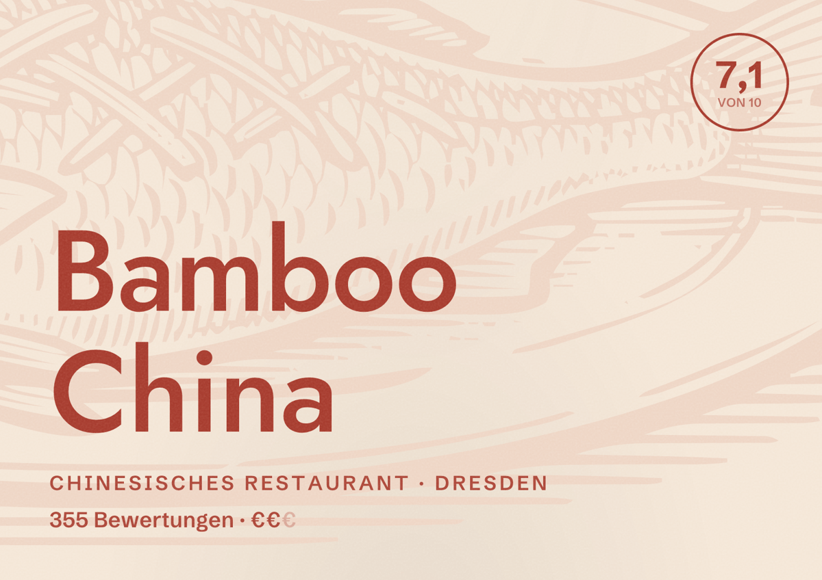 Illustriertes Poster von Bamboo China, Chinesisches Restaurant in Dresden: Bewertung 7,1 von 10 aus 355 Bewertungen, Preisniveau €€