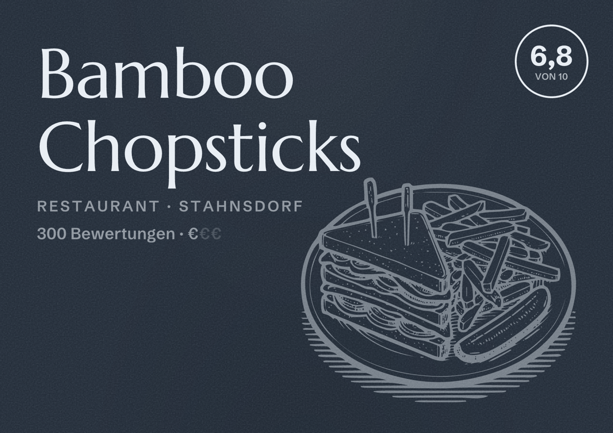 Illustriertes Poster von Bamboo Chopsticks, Restaurant in Stahnsdorf: Bewertung 6,8 von 10 aus 300 Bewertungen, Preisniveau €