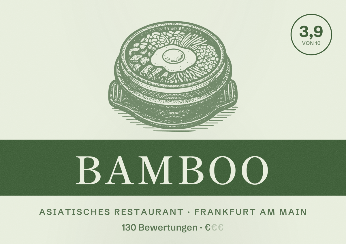 Illustriertes Poster von Bamboo, Asiatisches Restaurant in Frankfurt am Main: Bewertung 3,9 von 10 aus 130 Bewertungen, Preisniveau €