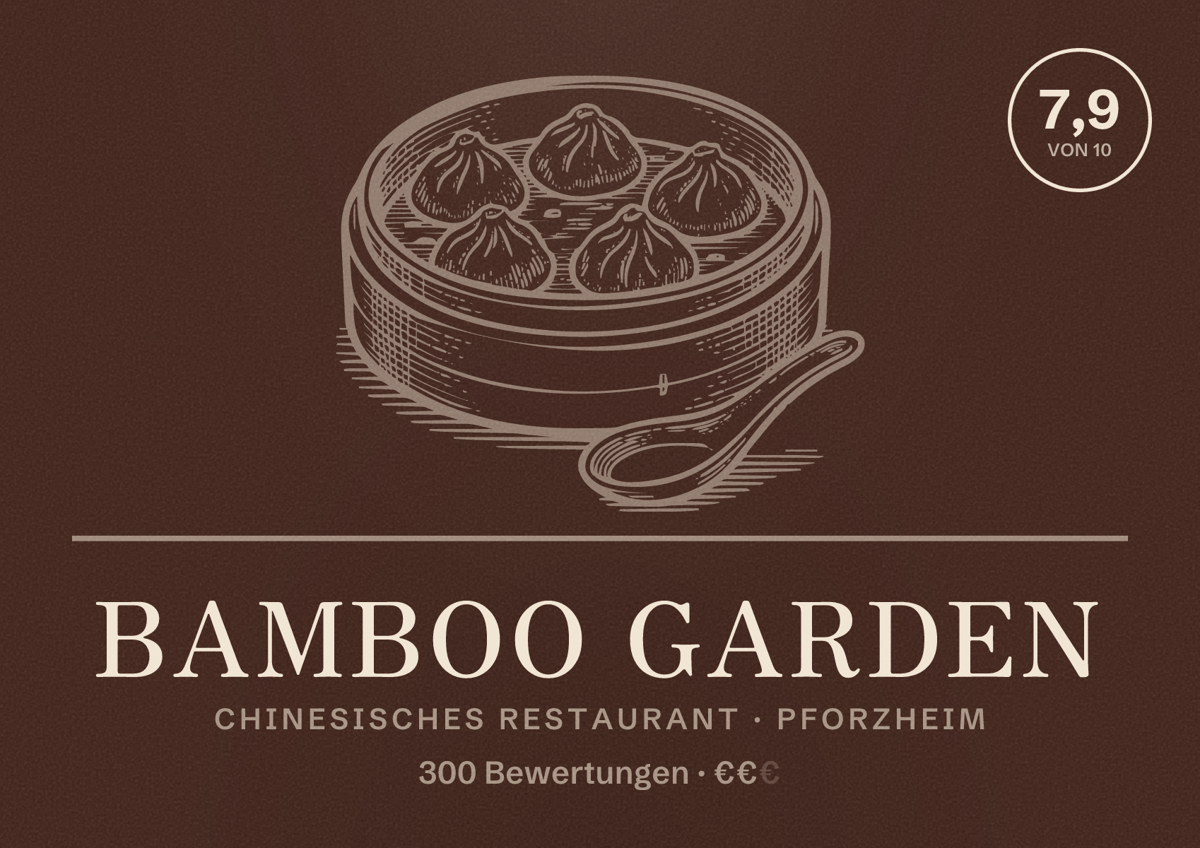 Illustriertes Poster von Bamboo Garden, Chinesisches Restaurant in Pforzheim: Bewertung 7,9 von 10 aus 300 Bewertungen, Preisniveau €€