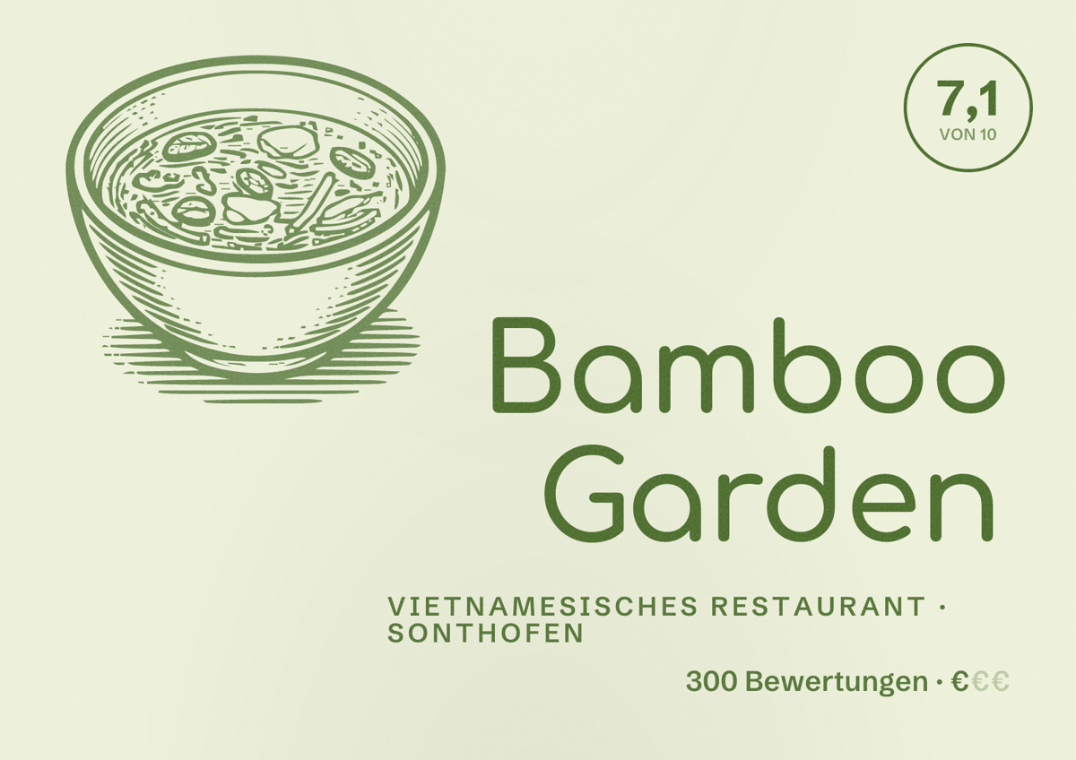 Illustriertes Poster von Bamboo Garden, Vietnamesisches Restaurant in Sonthofen: Bewertung 7,1 von 10 aus 300 Bewertungen, Preisniveau €