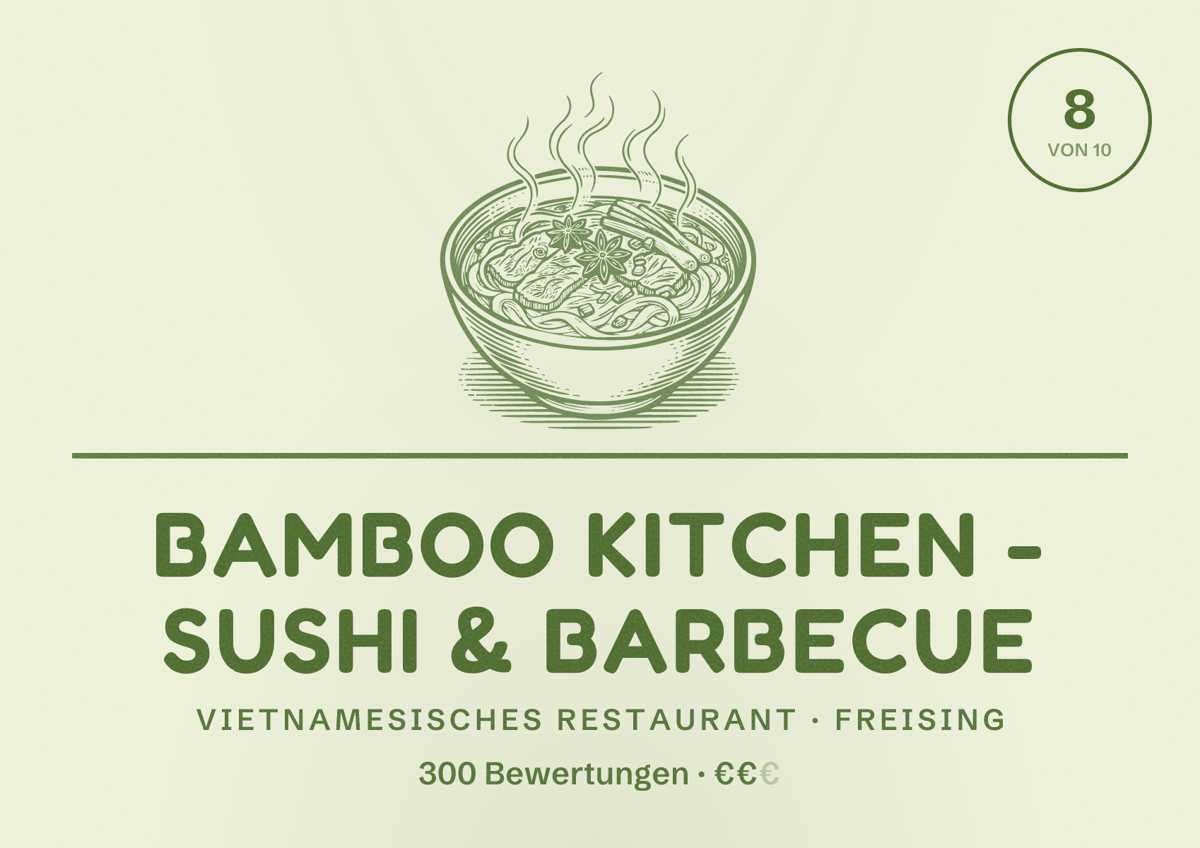Illustriertes Poster von Bamboo Kitchen - Sushi & Barbecue, Vietnamesisches Restaurant in Freising: Bewertung 8 von 10 aus 300 Bewertungen, Preisniveau €€