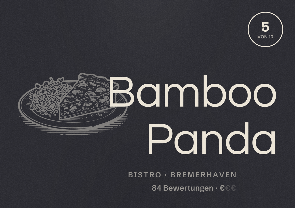 Illustriertes Poster von Bamboo Panda, Bistro in Bremerhaven: Bewertung 5 von 10 aus 84 Bewertungen, Preisniveau €