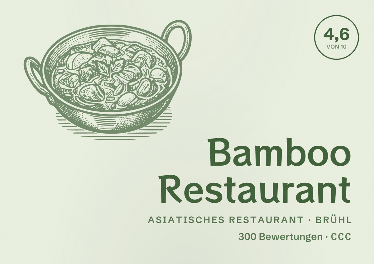 Illustriertes Poster von Bamboo Restaurant, Asiatisches Restaurant in Brühl: Bewertung 4,6 von 10 aus 300 Bewertungen, Preisniveau €€€