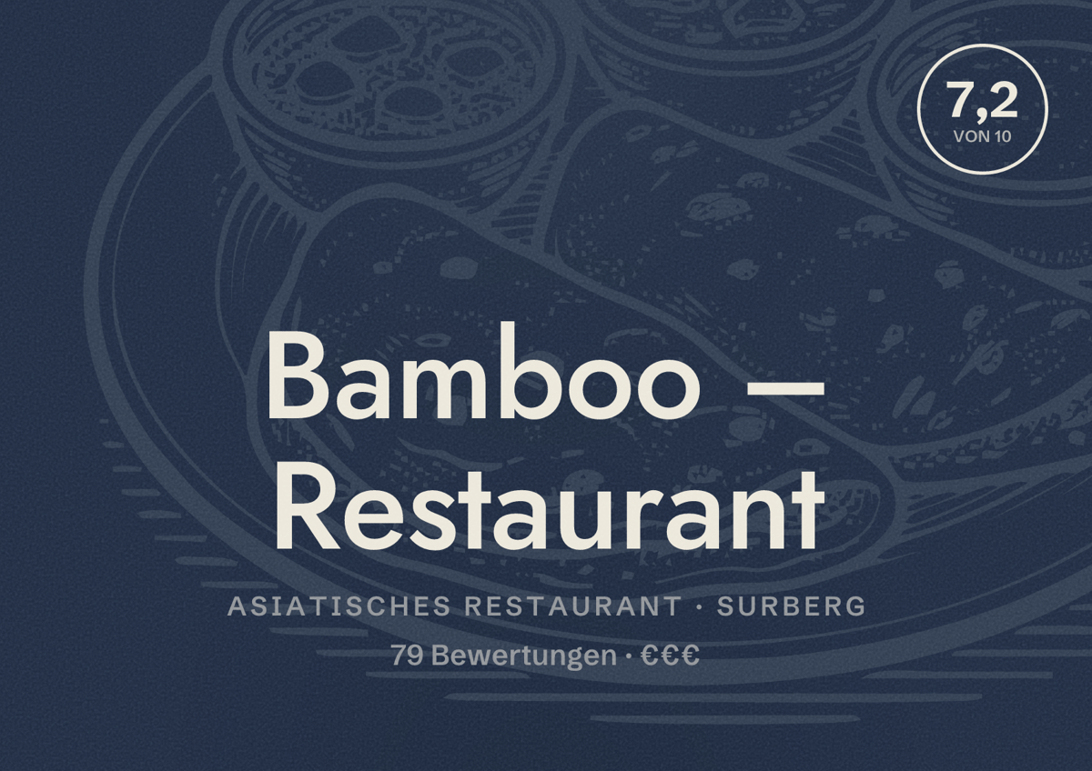 Illustriertes Poster von Bamboo – Restaurant, Asiatisches Restaurant in Surberg: Bewertung 7,2 von 10 aus 79 Bewertungen, Preisniveau €€€