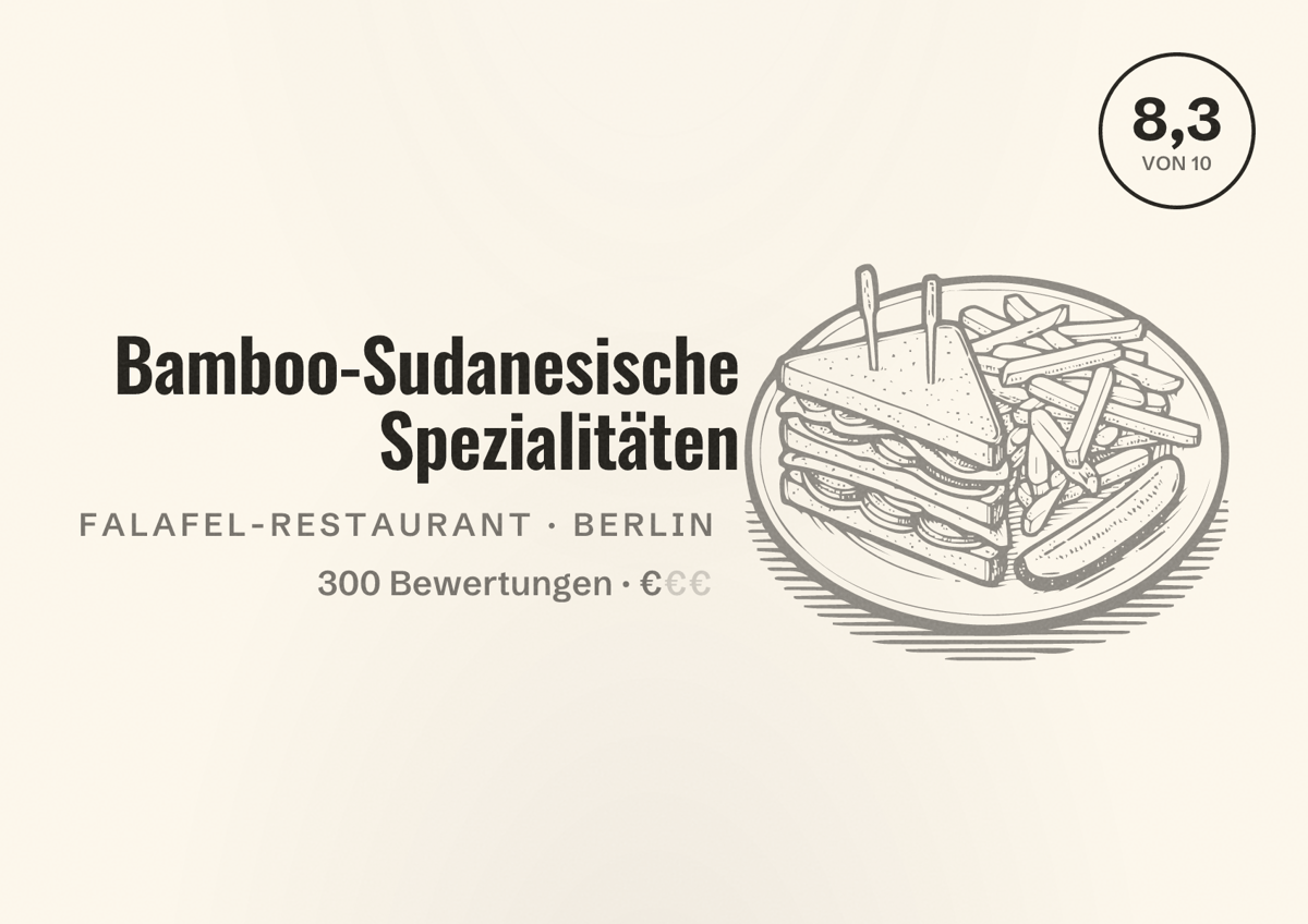 Illustriertes Poster von Bamboo-Sudanesische Spezialitäten, Falafel-Restaurant in Berlin: Bewertung 8,3 von 10 aus 300 Bewertungen, Preisniveau €