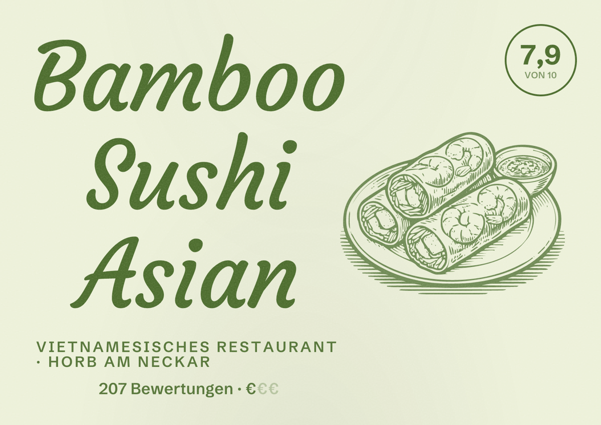 Illustriertes Poster von Bamboo Sushi Asian, Vietnamesisches Restaurant in Horb am Neckar: Bewertung 7,9 von 10 aus 207 Bewertungen, Preisniveau €