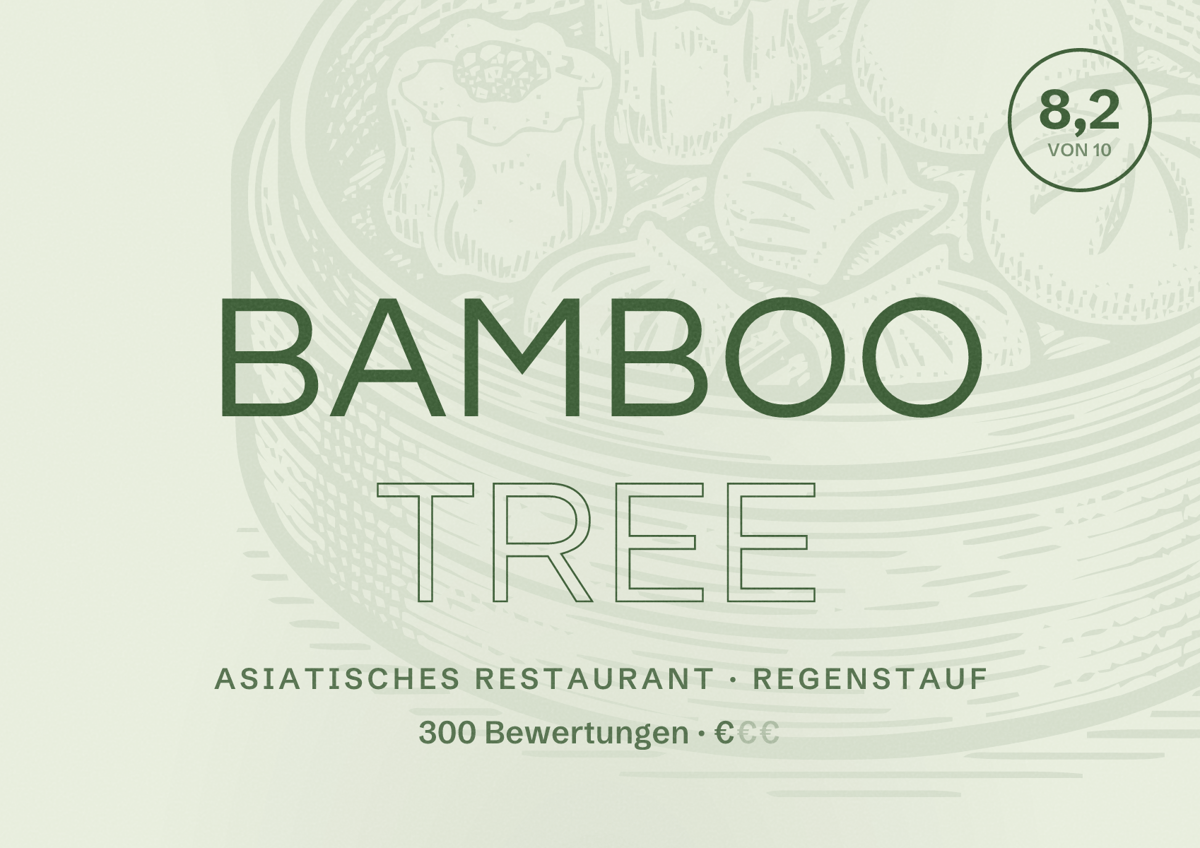 Illustriertes Poster von Bamboo Tree, Asiatisches Restaurant in Regenstauf: Bewertung 8,2 von 10 aus 300 Bewertungen, Preisniveau €