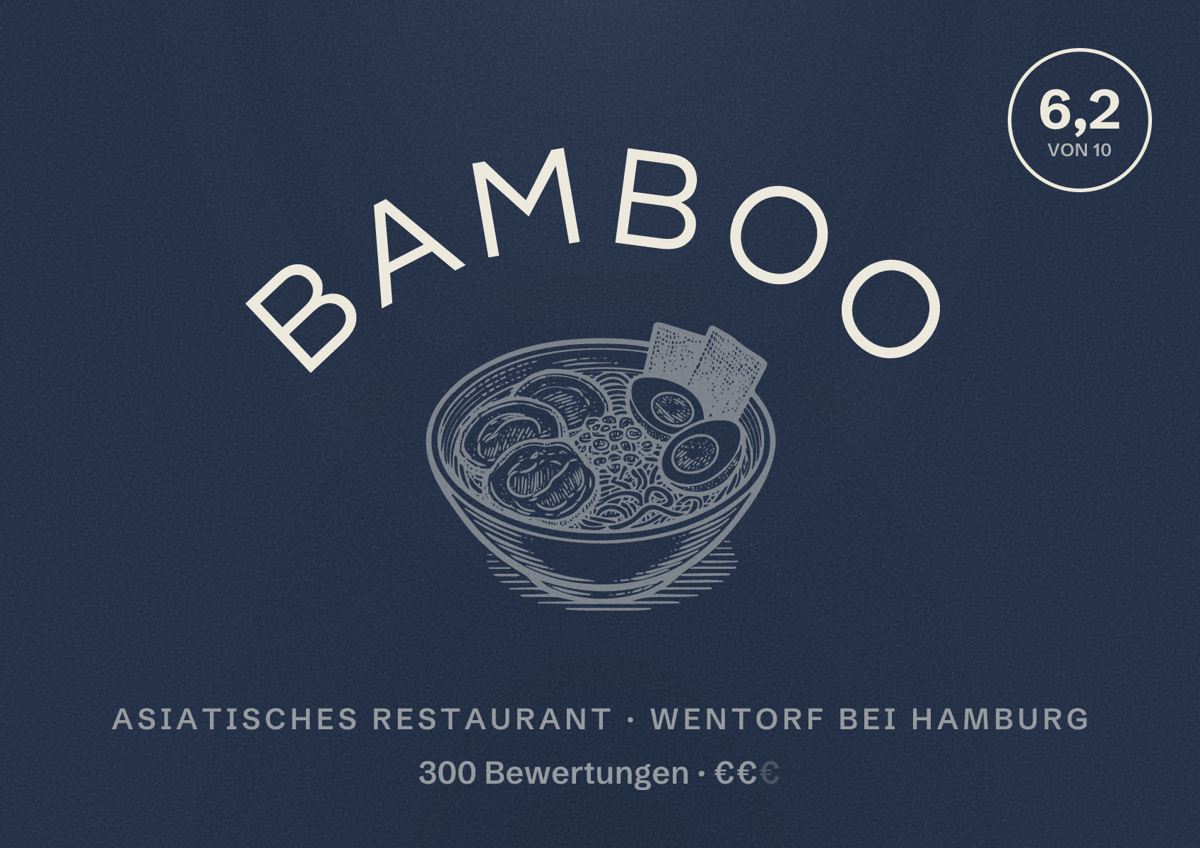 Illustriertes Poster von Bamboo, Asiatisches Restaurant in Wentorf bei Hamburg: Bewertung 6,2 von 10 aus 300 Bewertungen, Preisniveau €€