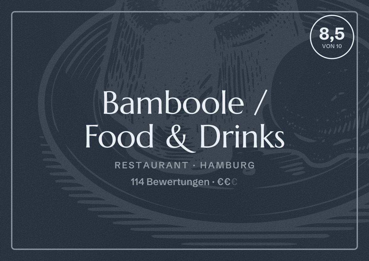 Illustriertes Poster von Bamboole / Food & Drinks, Restaurant in Hamburg: Bewertung 8,5 von 10 aus 114 Bewertungen, Preisniveau €€