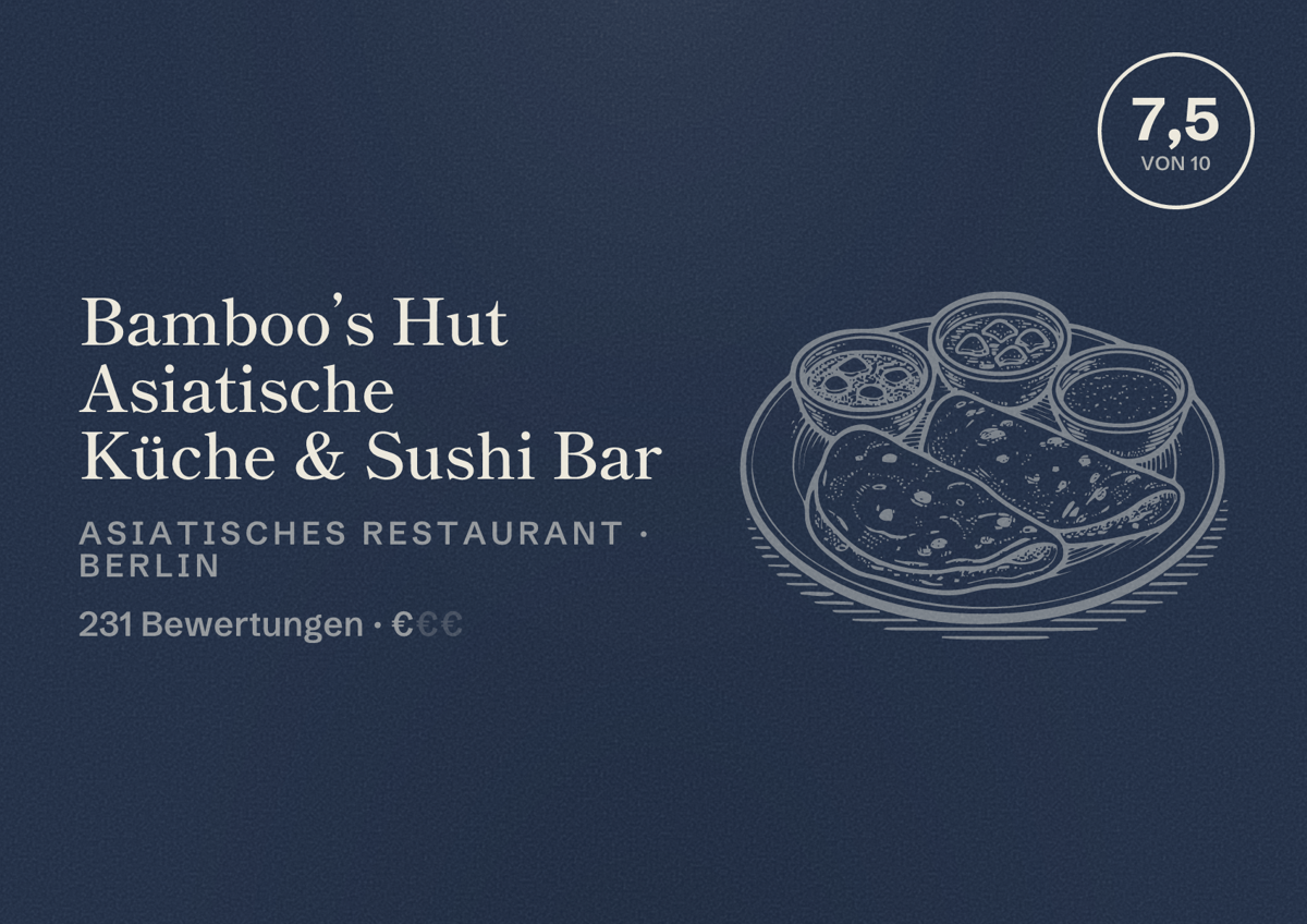 Illustriertes Poster von Bamboo’s Hut Asiatische Küche & Sushi Bar, Asiatisches Restaurant in Berlin: Bewertung 7,5 von 10 aus 231 Bewertungen, Preisniveau €