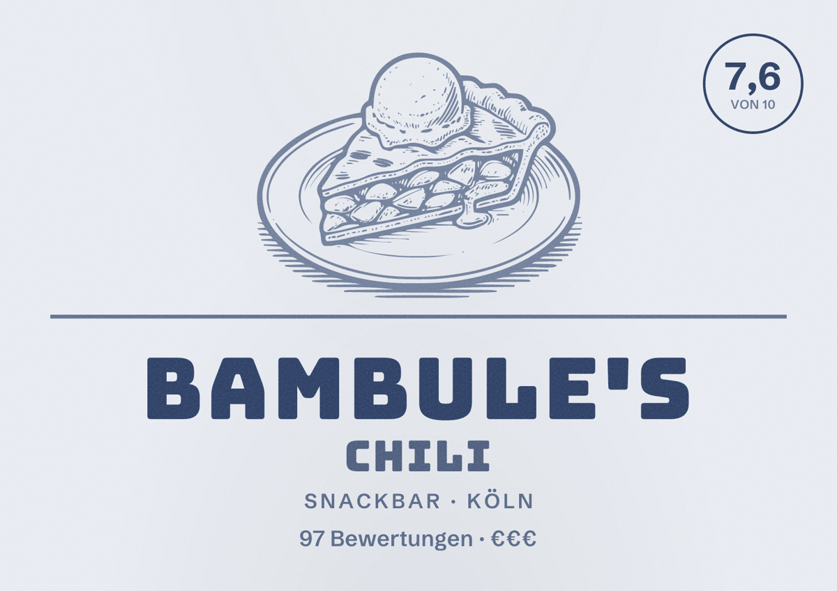 Illustriertes Poster von Bambule's Chili, Snackbar in Köln: Bewertung 7,6 von 10 aus 97 Bewertungen, Preisniveau €€€