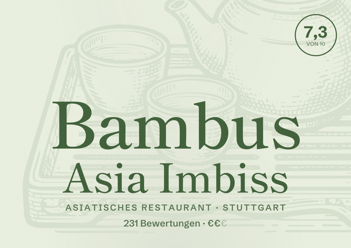 Illustriertes Poster von Bambus Asia Imbiss, Asiatisches Restaurant in Stuttgart: Bewertung 7,3 von 10 aus 231 Bewertungen, Preisniveau €€