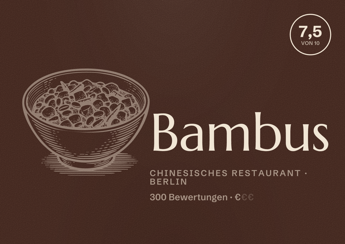 Illustriertes Poster von Bambus, Chinesisches Restaurant in Berlin: Bewertung 7,5 von 10 aus 300 Bewertungen, Preisniveau €