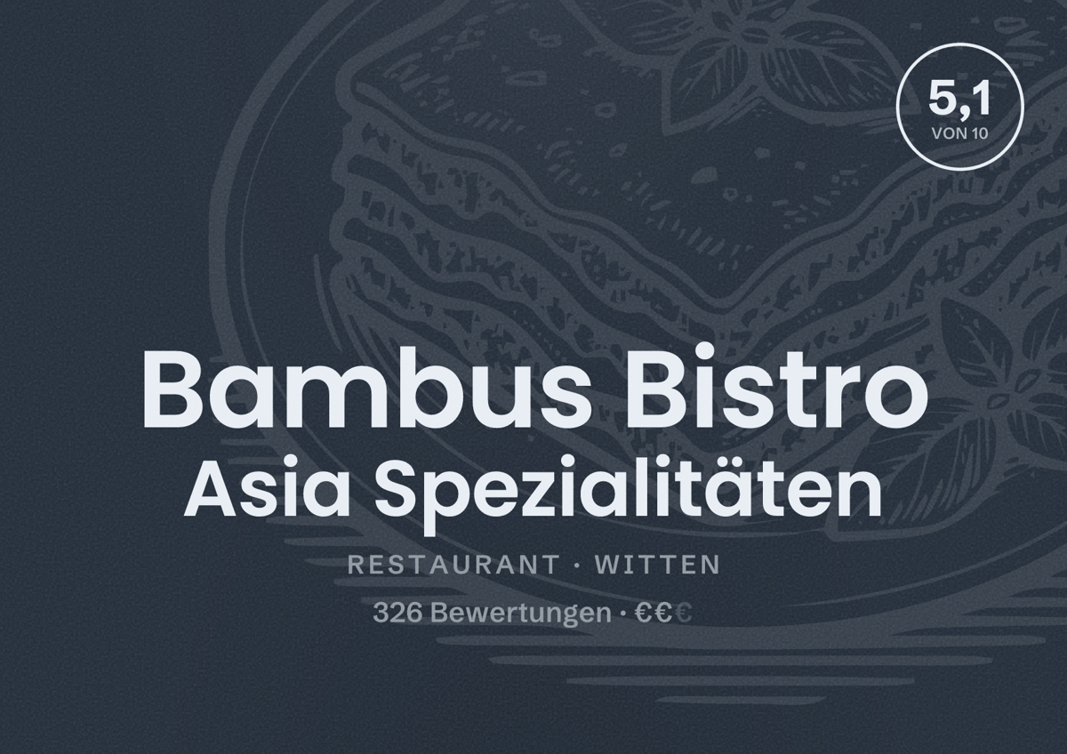 Illustriertes Poster von Bambus Bistro Asia Spezialitäten, Restaurant in Witten: Bewertung 5,1 von 10 aus 326 Bewertungen, Preisniveau €€