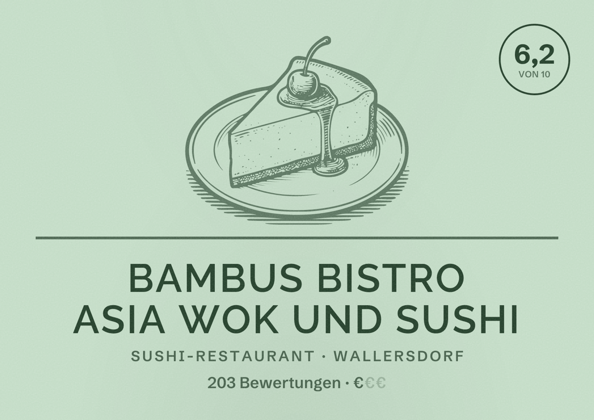 Illustriertes Poster von Bambus Bistro Asia Wok und Sushi, Sushi-Restaurant in Wallersdorf: Bewertung 6,2 von 10 aus 203 Bewertungen, Preisniveau €