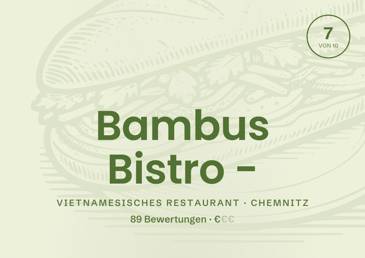 Illustriertes Poster von Bambus Bistro -, Vietnamesisches Restaurant in Chemnitz: Bewertung 7 von 10 aus 89 Bewertungen, Preisniveau €