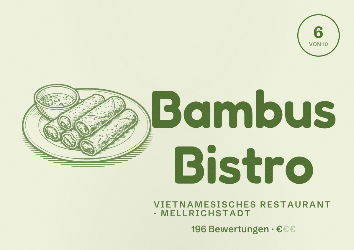Illustriertes Poster von Bambus Bistro, Vietnamesisches Restaurant in Mellrichstadt: Bewertung 6 von 10 aus 196 Bewertungen, Preisniveau €