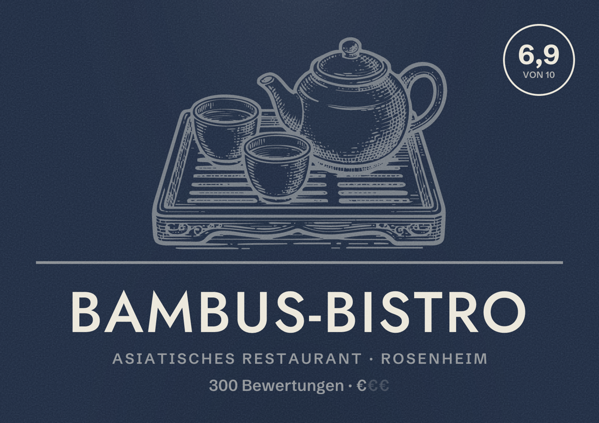 Illustriertes Poster von Bambus-Bistro, Asiatisches Restaurant in Rosenheim: Bewertung 6,9 von 10 aus 300 Bewertungen, Preisniveau €