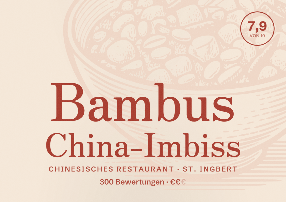 Illustriertes Poster von Bambus China-Imbiss, Chinesisches Restaurant in St. Ingbert: Bewertung 7,9 von 10 aus 300 Bewertungen, Preisniveau €€