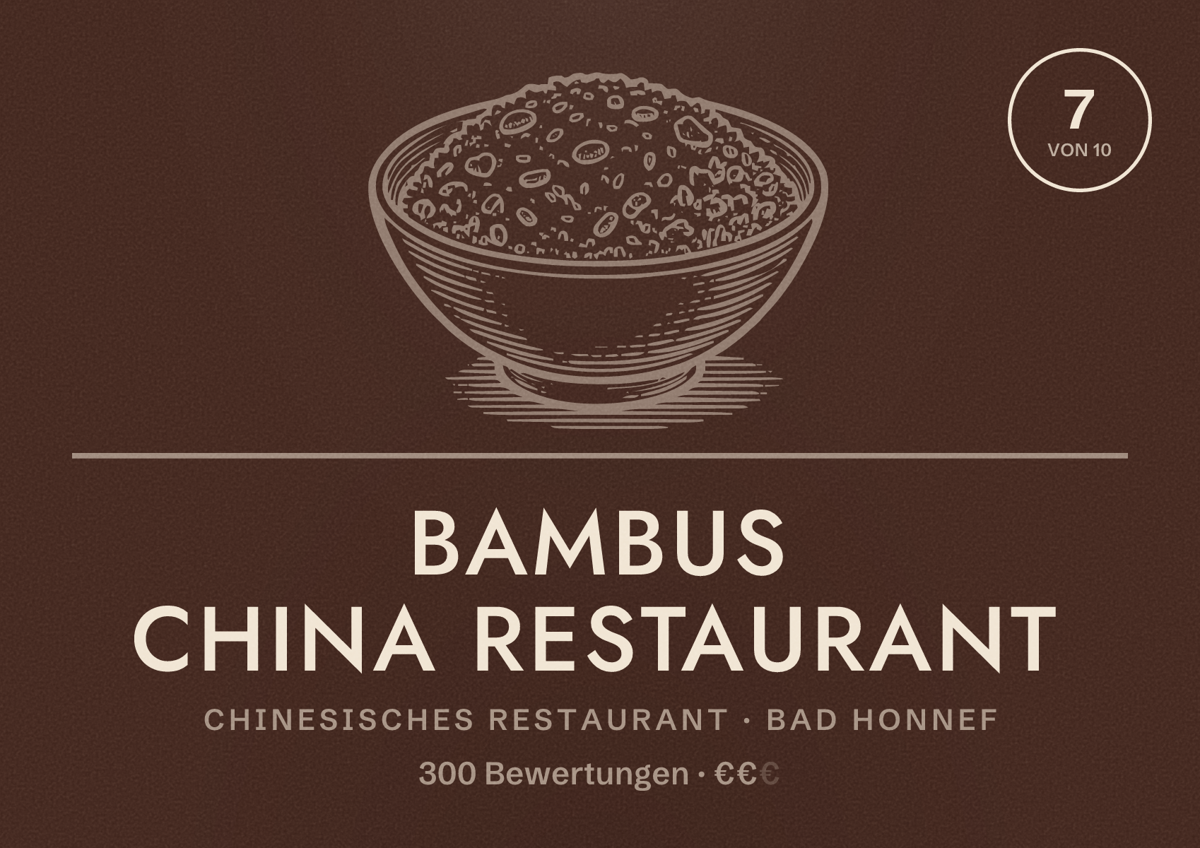 Illustriertes Poster von Bambus China Restaurant, Chinesisches Restaurant in Bad Honnef: Bewertung 7 von 10 aus 300 Bewertungen, Preisniveau €€
