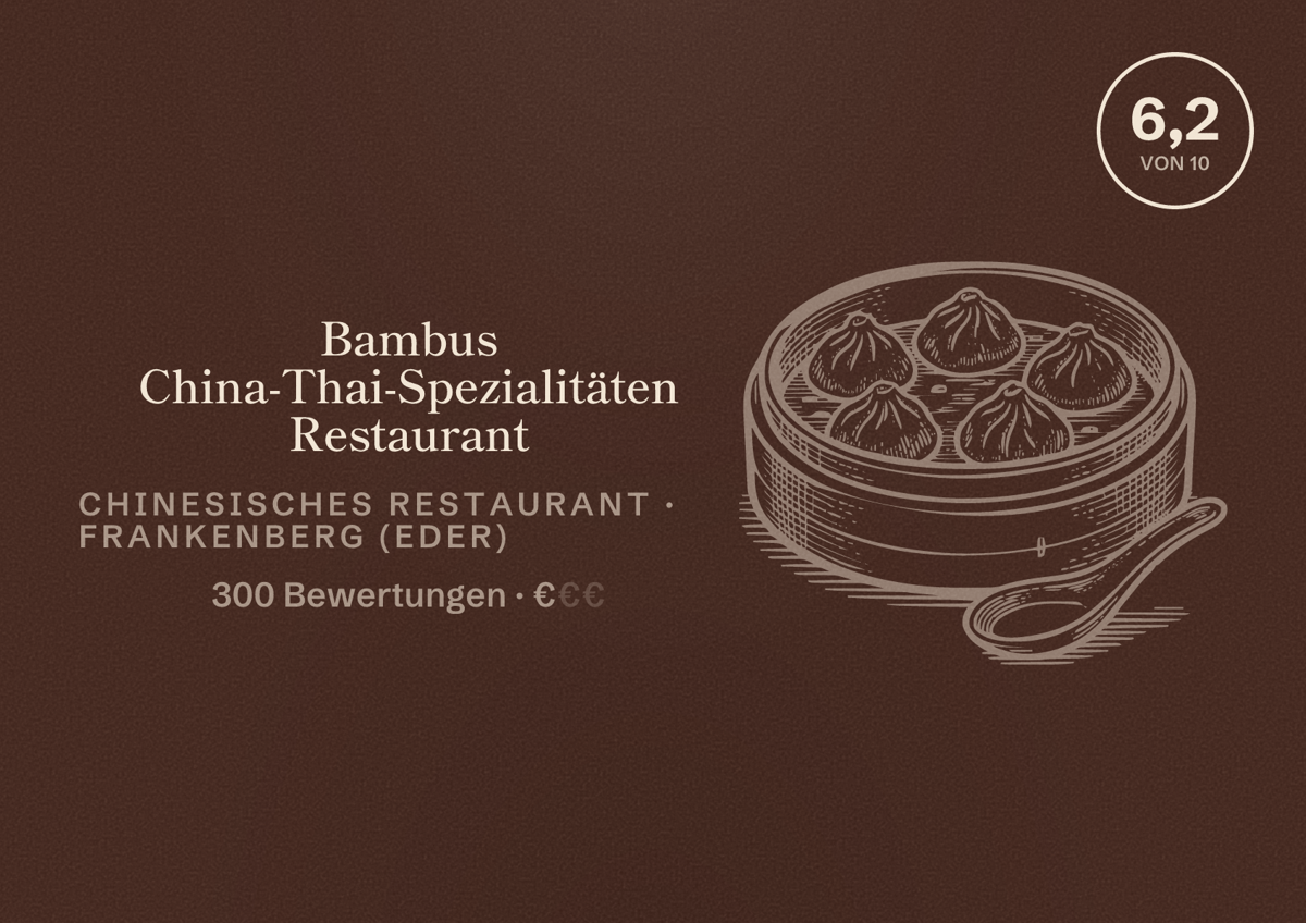 Illustriertes Poster von Bambus China-Thai-Spezialitäten Restaurant, Chinesisches Restaurant in Frankenberg (Eder): Bewertung 6,2 von 10 aus 300 Bewertungen, Preisniveau €