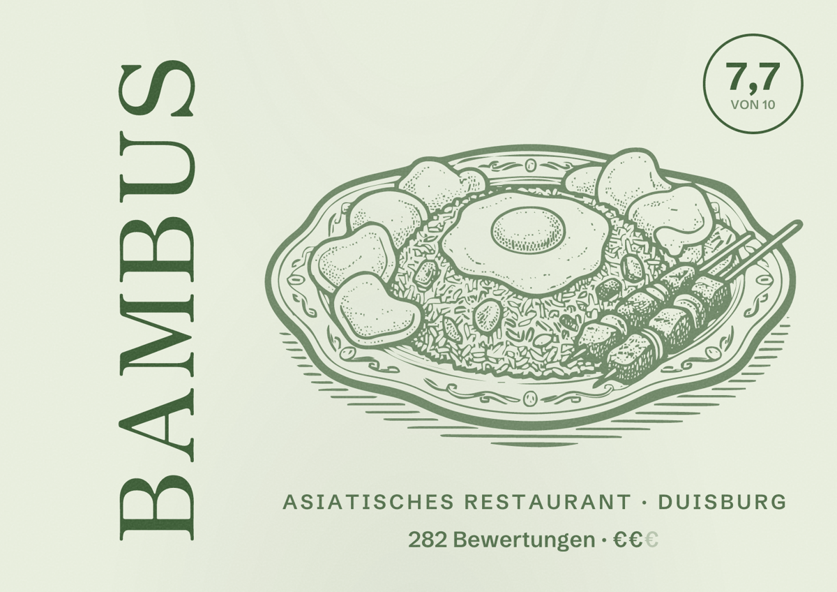 Illustriertes Poster von Bambus, Asiatisches Restaurant in Duisburg: Gästebewertung 7,7 von 10 aus 282 Bewertungen