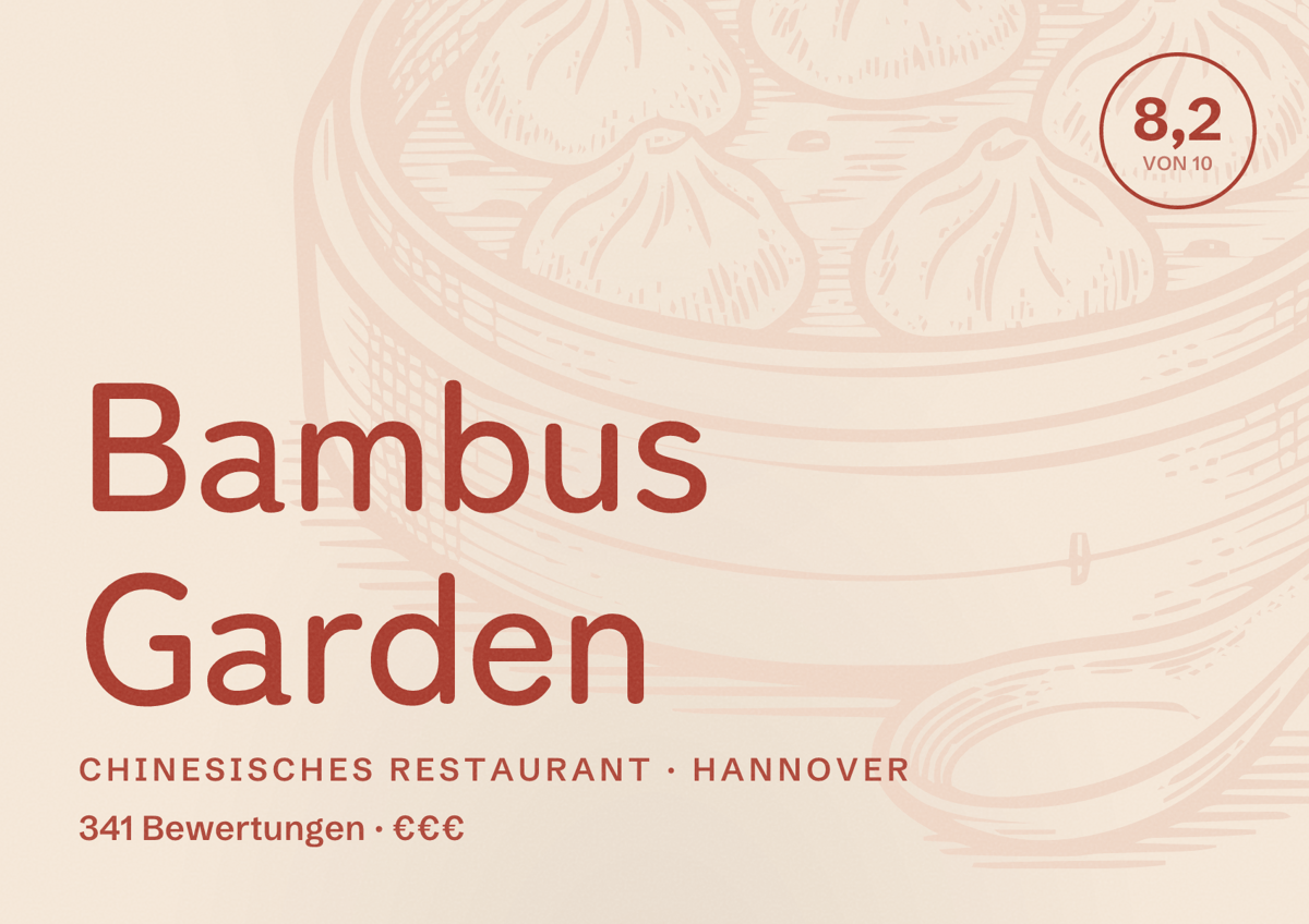 Illustriertes Poster von Bambus Garden, Chinesisches Restaurant in Hannover: Bewertung 8,2 von 10 aus 341 Bewertungen, Preisniveau €€€