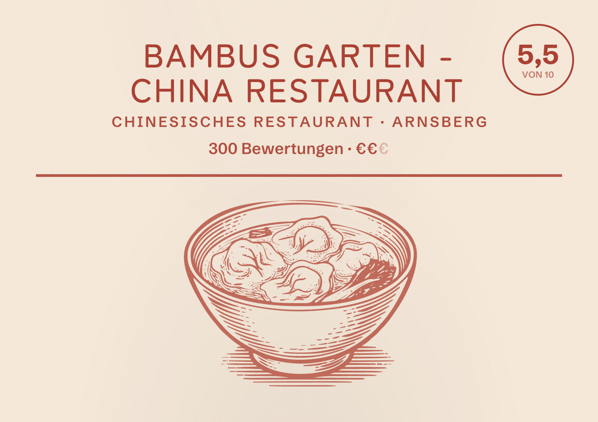 Illustriertes Poster von Bambus Garten - China Restaurant, Chinesisches Restaurant in Arnsberg: Bewertung 5,5 von 10 aus 300 Bewertungen, Preisniveau €€