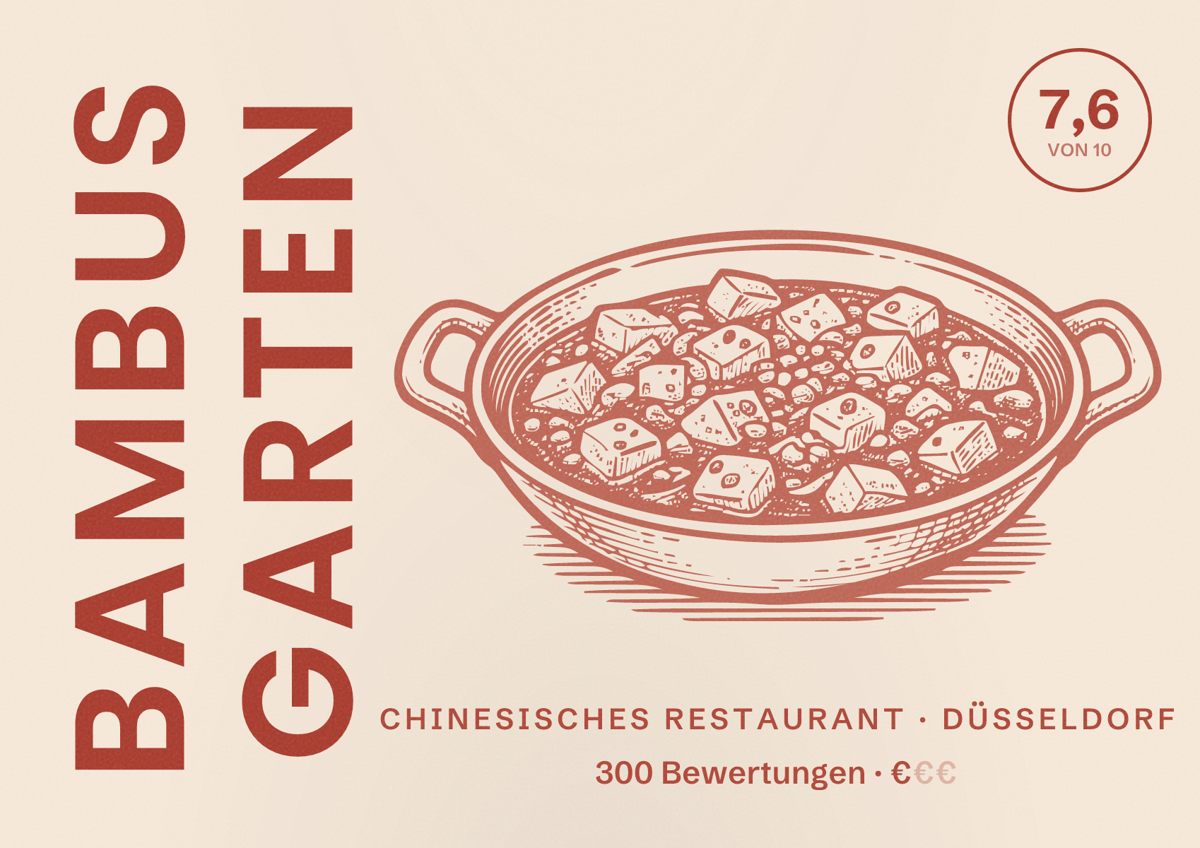 Illustriertes Poster von Bambus Garten, Chinesisches Restaurant in Düsseldorf: Bewertung 7,6 von 10 aus 300 Bewertungen, Preisniveau €