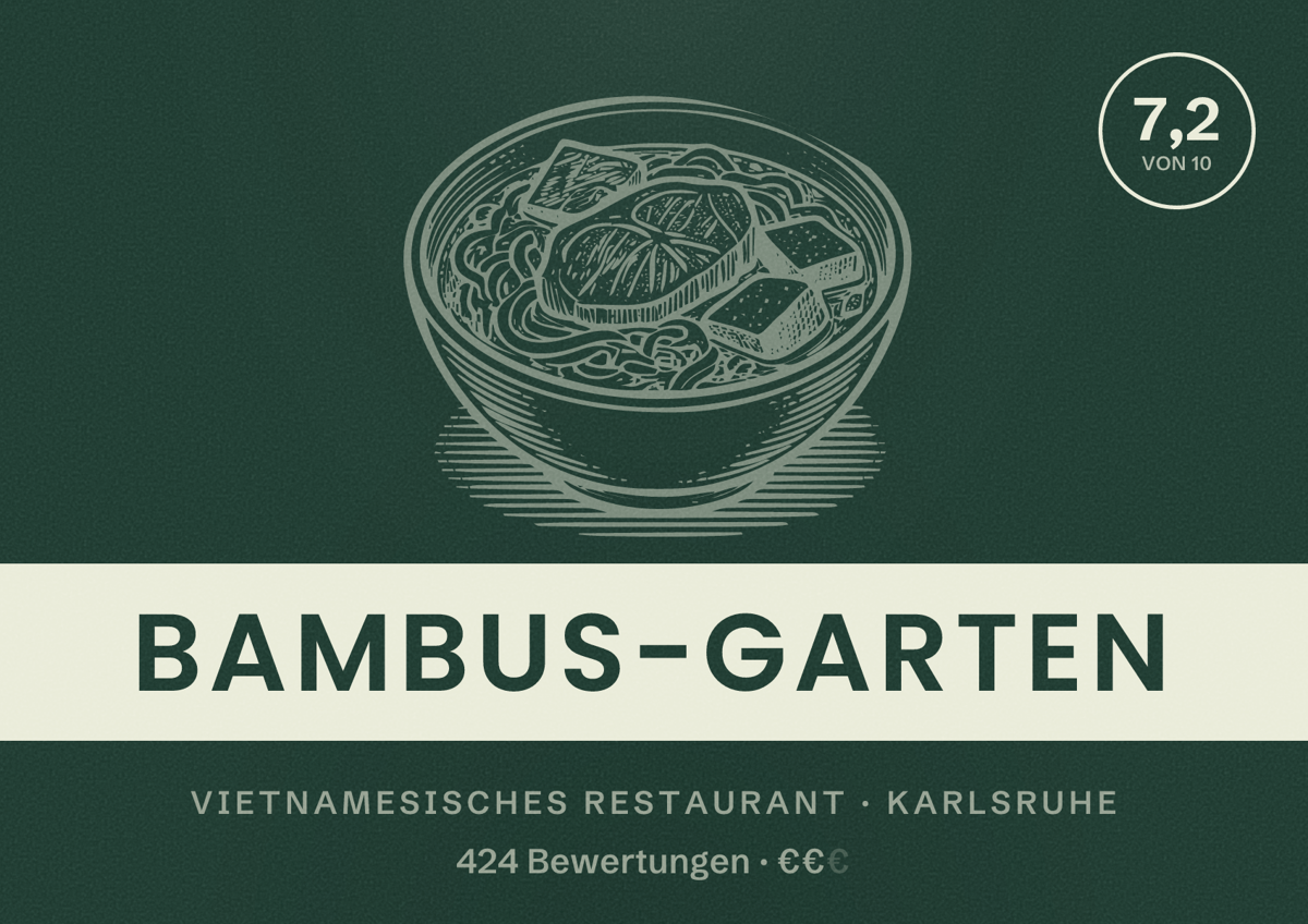 Illustriertes Poster von Bambus-Garten, Vietnamesisches Restaurant in Karlsruhe: Bewertung 7,2 von 10 aus 424 Bewertungen, Preisniveau €€