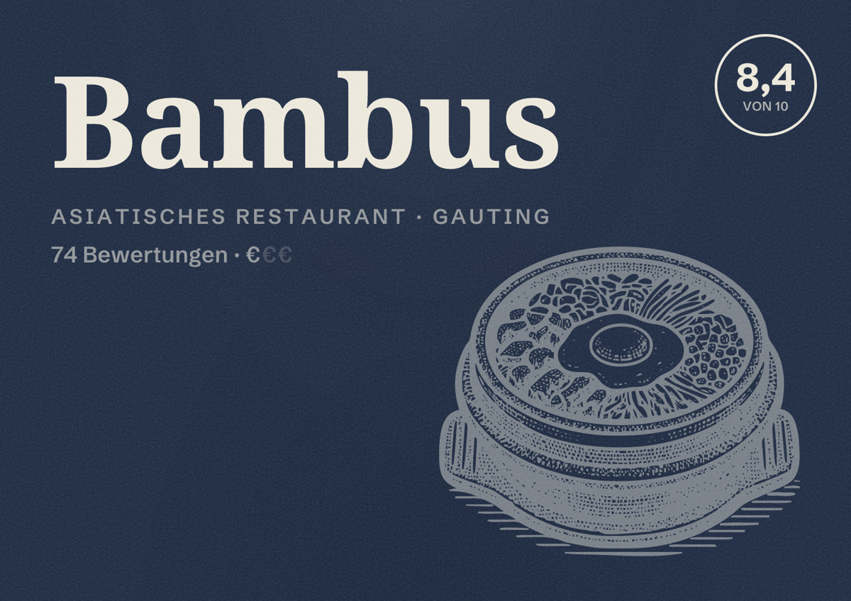 Illustriertes Poster von Bambus, Asiatisches Restaurant in Gauting: Bewertung 8,4 von 10 aus 74 Bewertungen, Preisniveau €