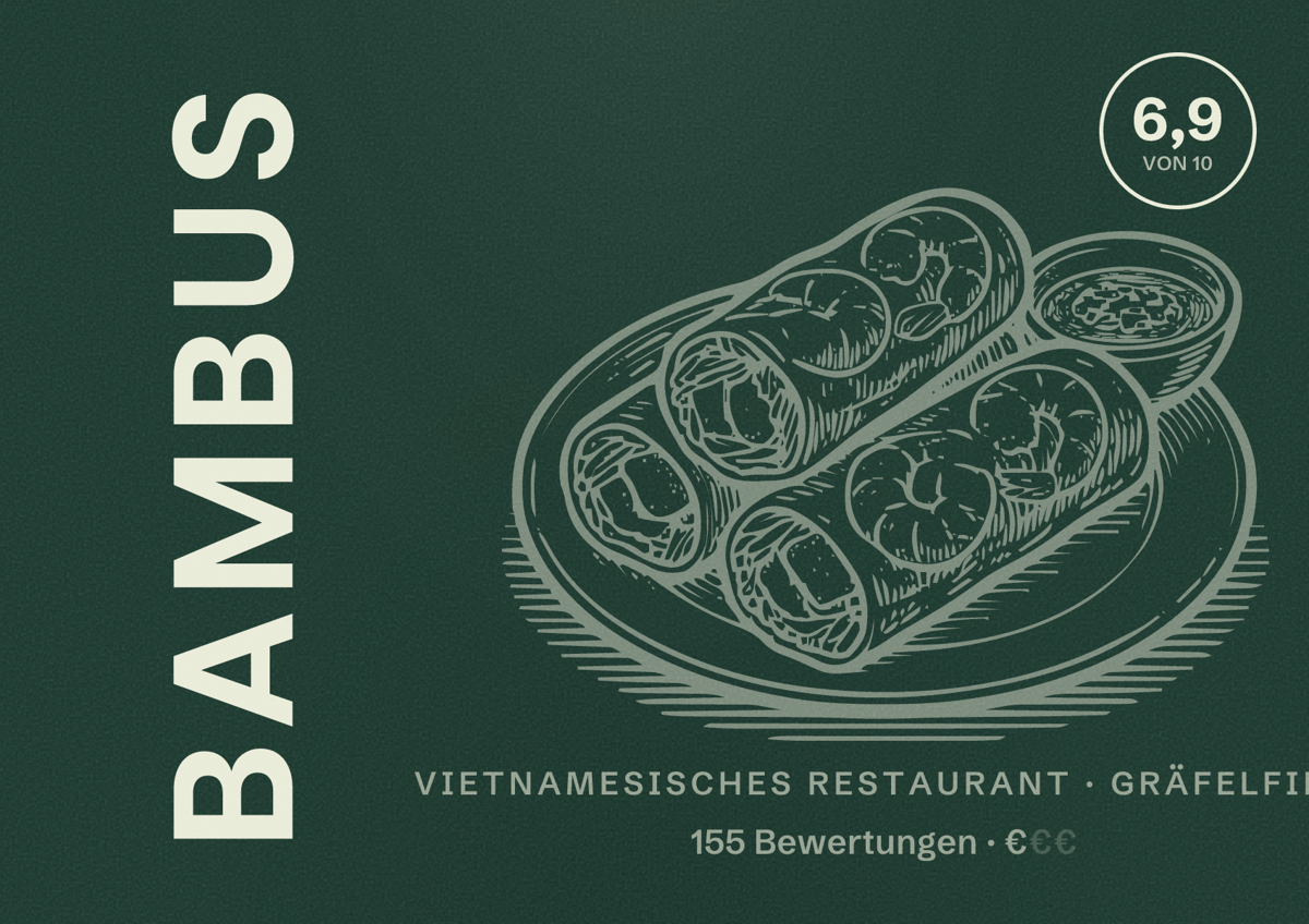 Illustriertes Poster von Bambus, Vietnamesisches Restaurant in Gräfelfing: Bewertung 6,9 von 10 aus 155 Bewertungen, Preisniveau €