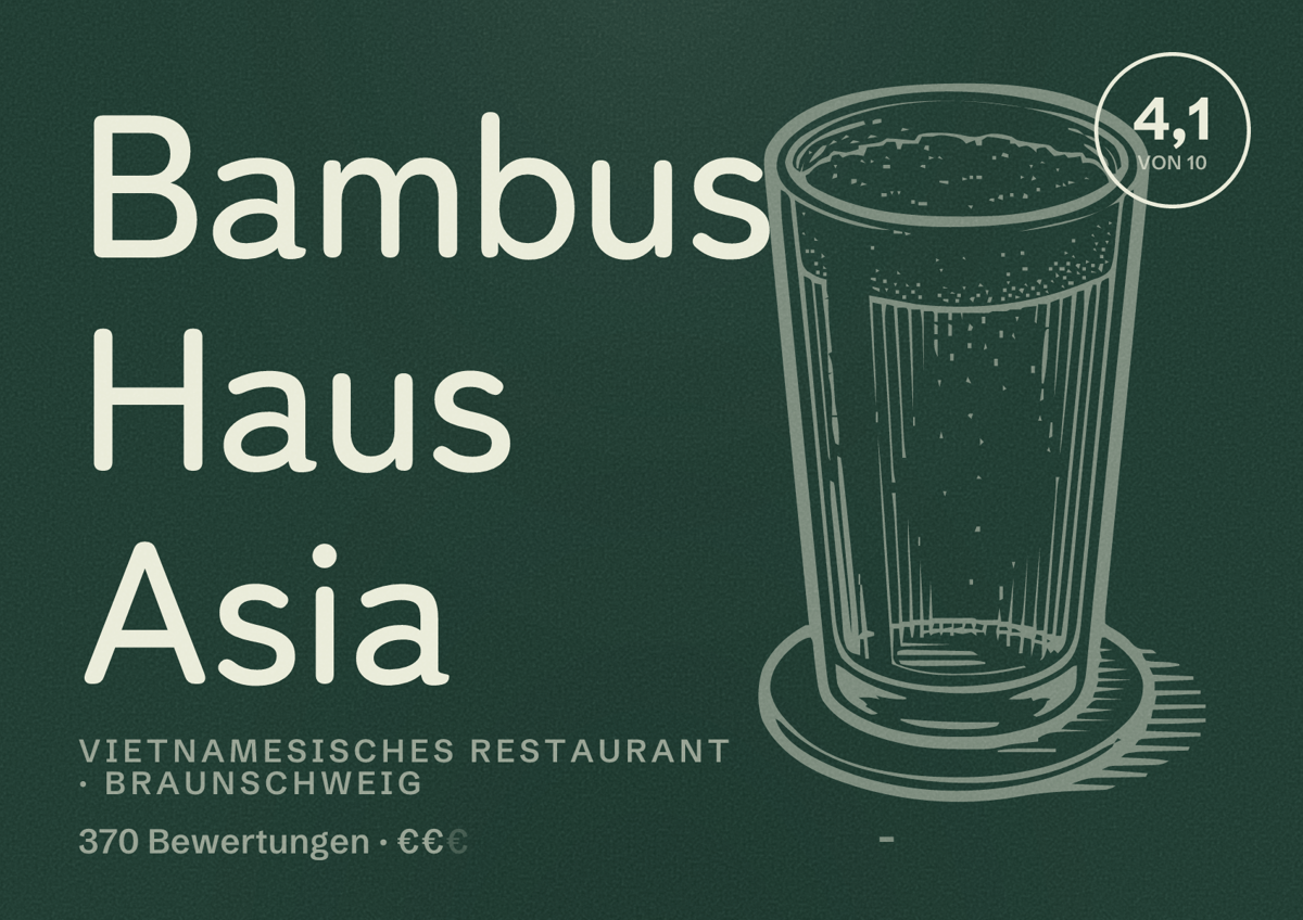 Illustriertes Poster von Bambus Haus Asia, Vietnamesisches Restaurant in Braunschweig: Bewertung 4,1 von 10 aus 370 Bewertungen, Preisniveau €€