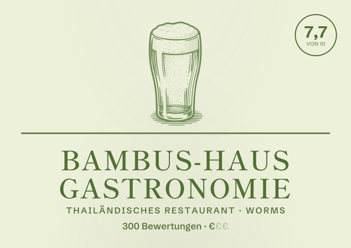 Illustriertes Poster von Bambus-Haus Gastronomie, Thailändisches Restaurant in Worms: Bewertung 7,7 von 10 aus 300 Bewertungen, Preisniveau €