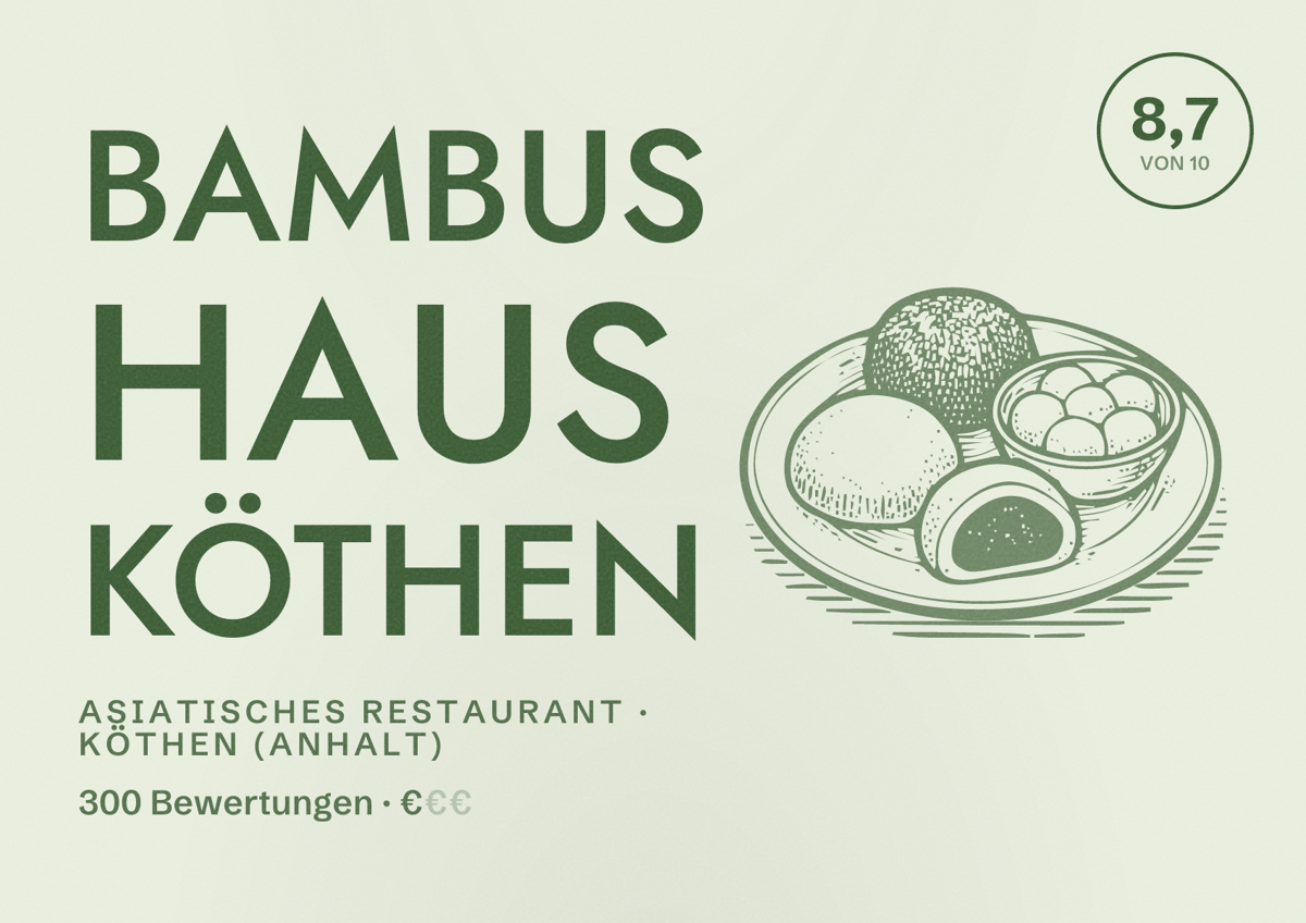 Illustriertes Poster von Bambus Haus Köthen, Asiatisches Restaurant in Köthen (Anhalt): Bewertung 8,7 von 10 aus 300 Bewertungen, Preisniveau €