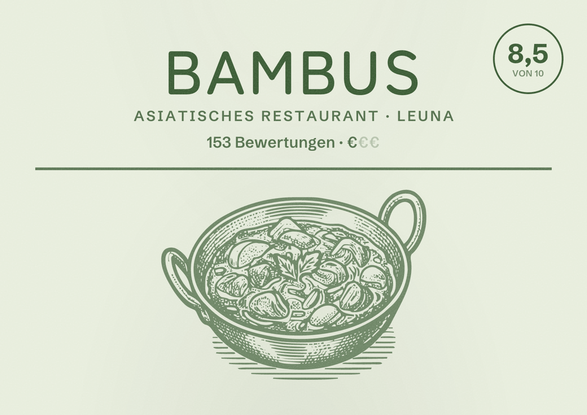 Illustriertes Poster von Bambus, Asiatisches Restaurant in Leuna: Bewertung 8,5 von 10 aus 153 Bewertungen, Preisniveau €