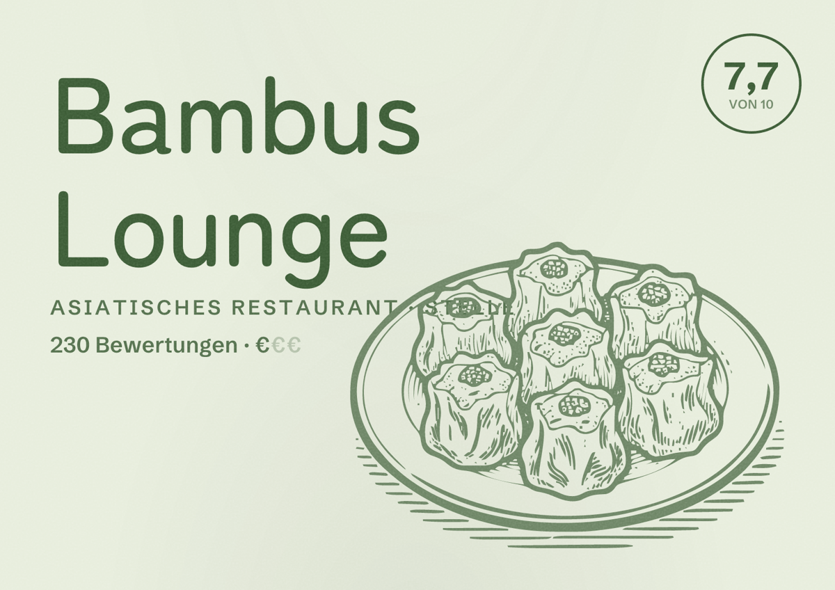 Illustriertes Poster von Bambus Lounge, Asiatisches Restaurant in Stelle: Bewertung 7,7 von 10 aus 230 Bewertungen, Preisniveau €