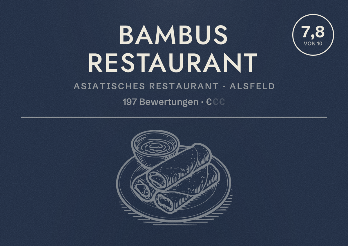 Illustriertes Poster von Bambus restaurant, Asiatisches Restaurant in Alsfeld: Bewertung 7,8 von 10 aus 197 Bewertungen, Preisniveau €