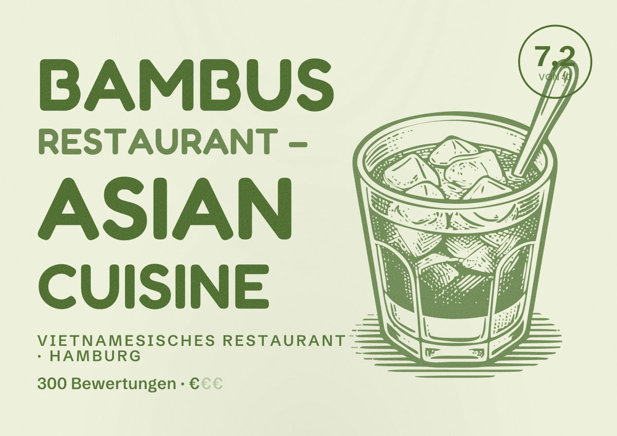 Illustriertes Poster von Bambus Restaurant – Asian Cuisine, Vietnamesisches Restaurant in Hamburg: Bewertung 7,2 von 10 aus 300 Bewertungen, Preisniveau €