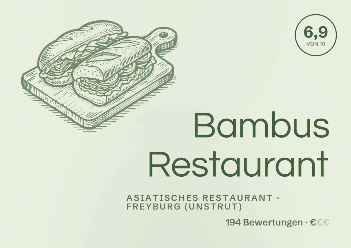 Illustriertes Poster von Bambus Restaurant, Asiatisches Restaurant in Freyburg (Unstrut): Bewertung 6,9 von 10 aus 194 Bewertungen, Preisniveau €