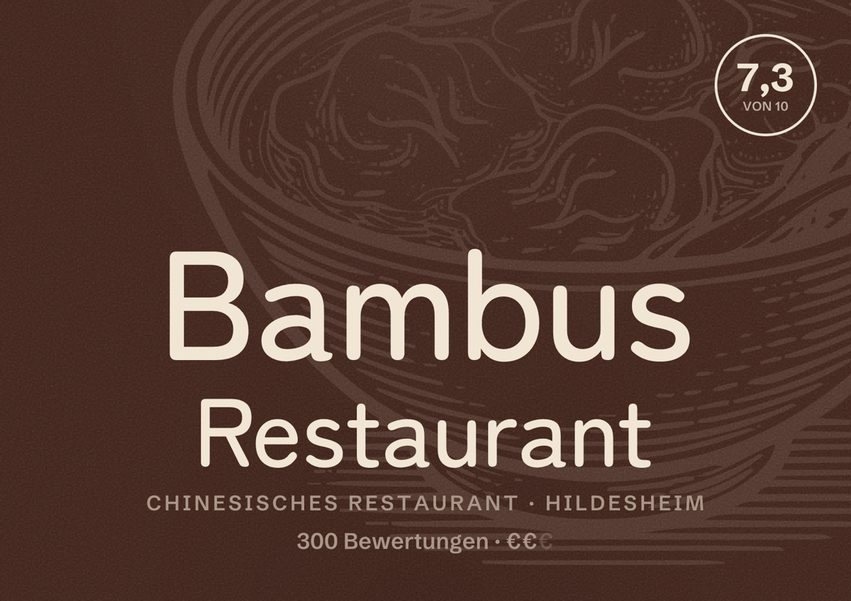 Illustriertes Poster von Bambus Restaurant, Chinesisches Restaurant in Hildesheim: Bewertung 7,3 von 10 aus 300 Bewertungen, Preisniveau €€