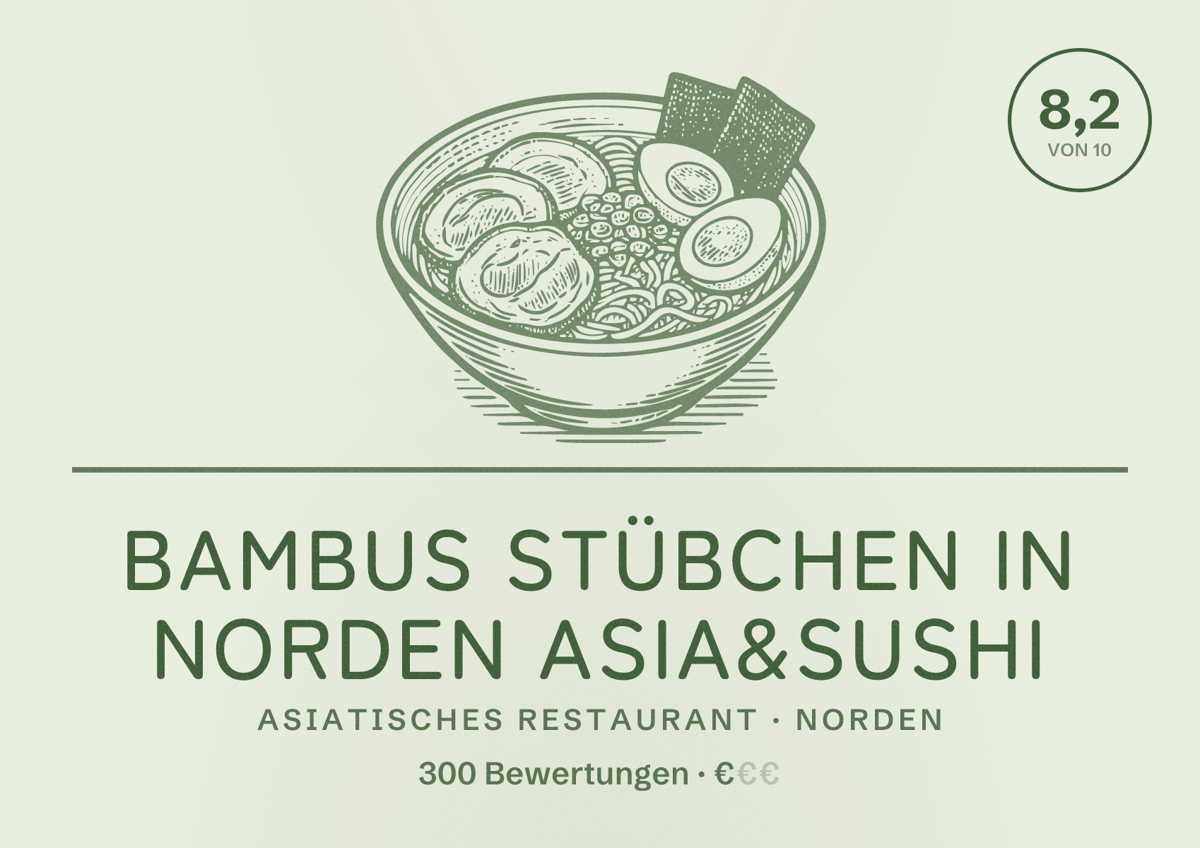 Illustriertes Poster von Bambus Stübchen in Norden Asia&Sushi, Asiatisches Restaurant in Norden: Bewertung 8,2 von 10 aus 300 Bewertungen, Preisniveau €