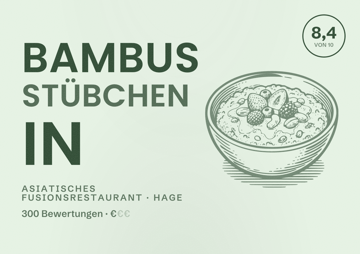 Illustriertes Poster von Bambus Stübchen in, Asiatisches Fusionsrestaurant in Hage: Bewertung 8,4 von 10 aus 300 Bewertungen, Preisniveau €